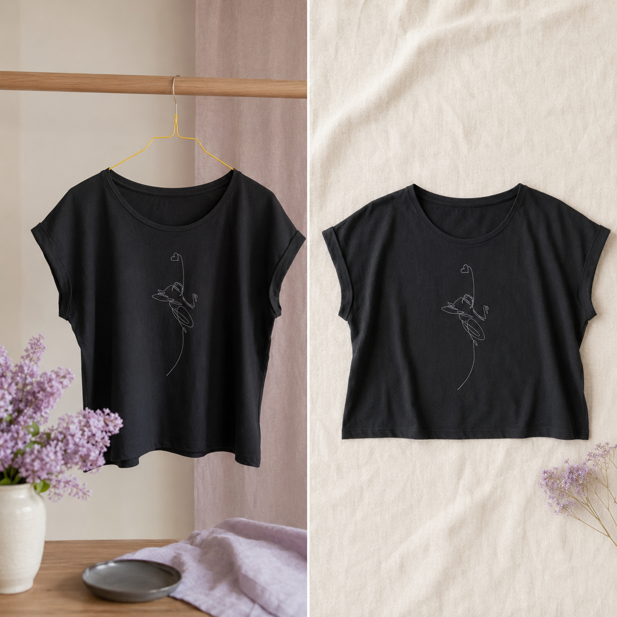 T-shirt nera girocollo ampio “Linea cuore” in cotone organico