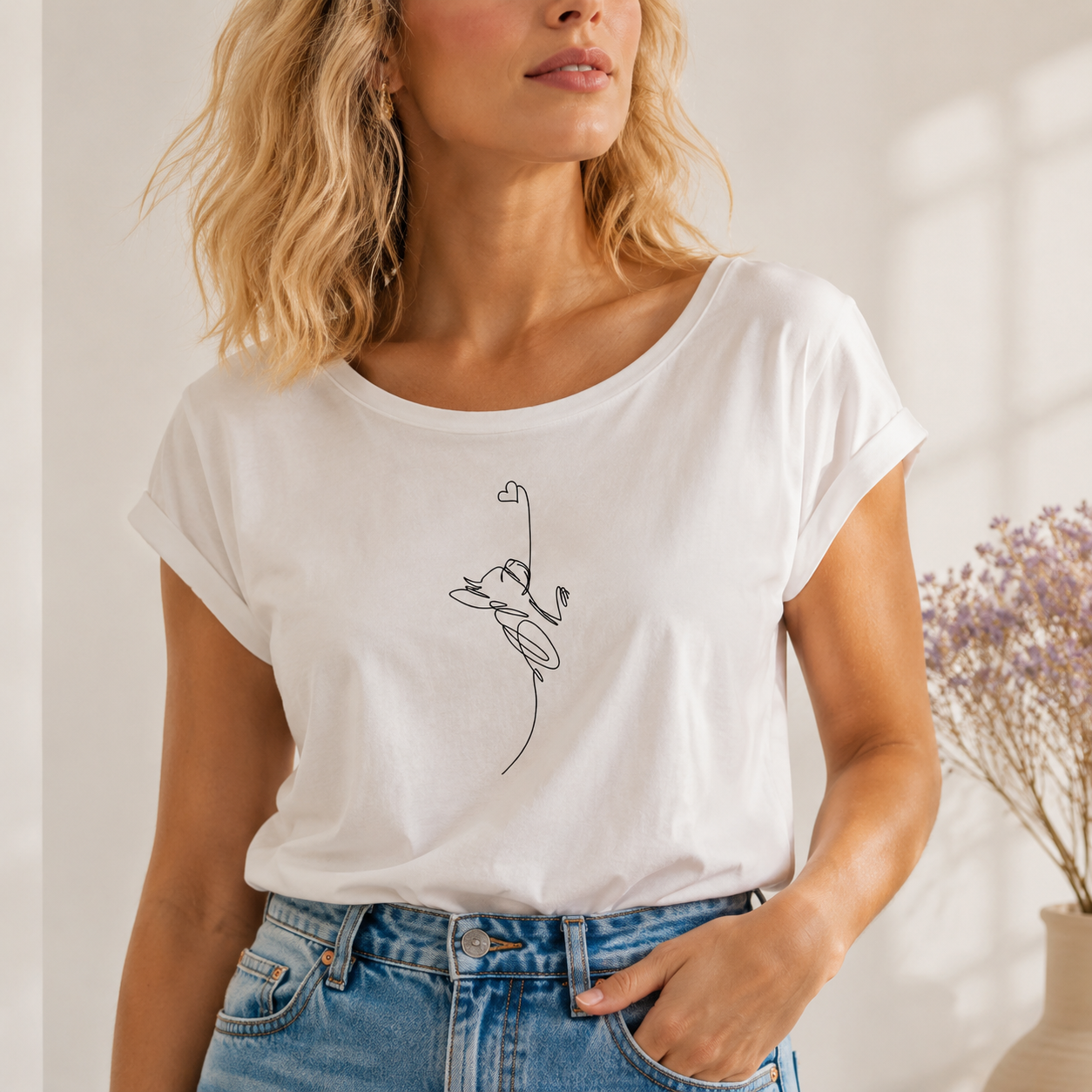 T-shirt bianca girocollo ampio “Linea cuore” in cotone organico